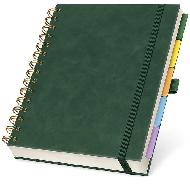 Main image of Hardcover Lined Spiral Notebook with Removable Dividers Leather Bound Green 8x10" 300 Pages College Ruled 5 Subject Notebook for Work - with Tabs, Pockets, and Pen Loop for Note Taking, Large Journal