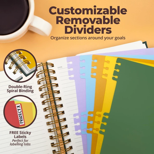 Alt view image 4 of 7 - Hardcover Lined Spiral Notebook with Removable Dividers Leather Bound Green 8x10" 300 Pages College Ruled 5 Subject Notebook for Work - with Tabs, Pockets, and Pen Loop for Note Taking, Large Journal