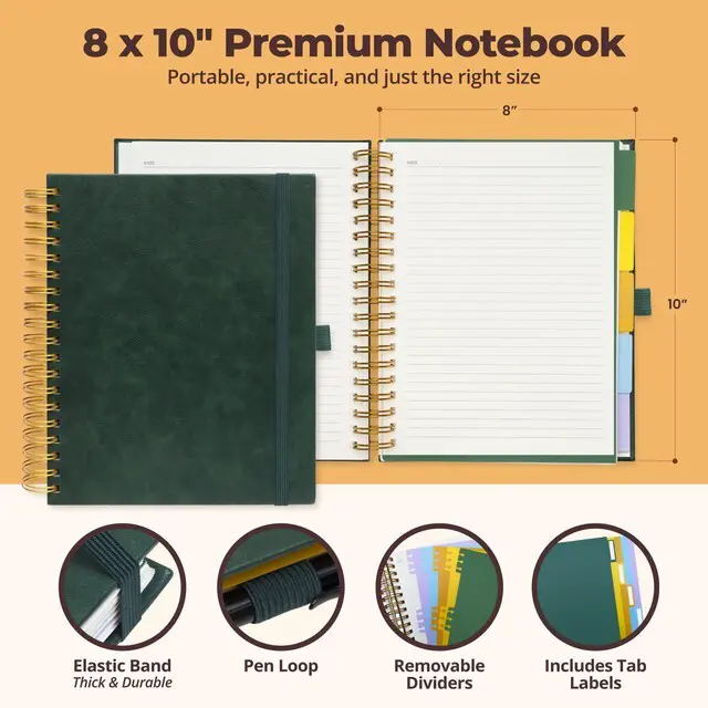 Alt view image 3 of 7 - Hardcover Lined Spiral Notebook with Removable Dividers Leather Bound Green 8x10" 300 Pages College Ruled 5 Subject Notebook for Work - with Tabs, Pockets, and Pen Loop for Note Taking, Large Journal