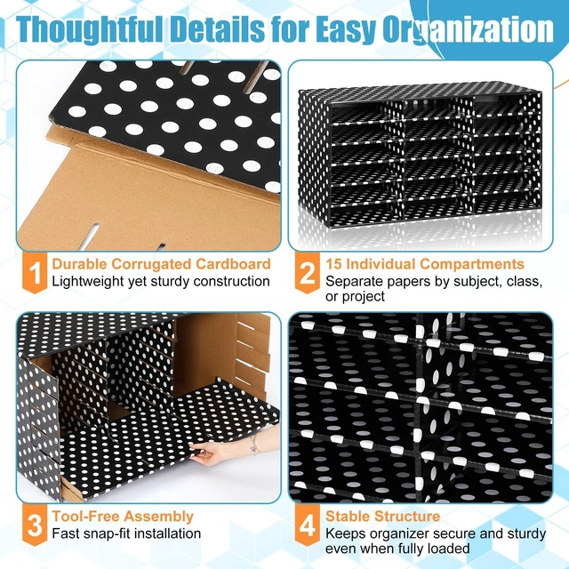 Alt view image 3 of 7 - 1 Pc Classroom Construction Paper Storage,White Polka Dots 18 Slot Compartments Desktop Scrapbook Organizer for Letter/A4 File Sorter, 14.2" H x 28.1" W x 12.4" D for School Office