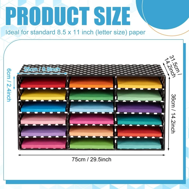 Alt view image 2 of 7 - 1 Pc Classroom Construction Paper Storage,White Polka Dots 18 Slot Compartments Desktop Scrapbook Organizer for Letter/A4 File Sorter, 14.2" H x 28.1" W x 12.4" D for School Office
