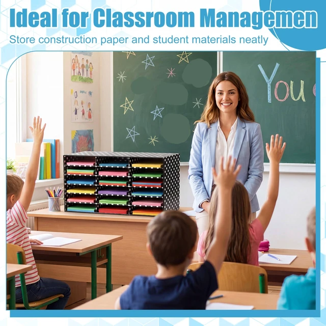 Alt view image 5 of 7 - 1 Pc Classroom Construction Paper Storage,White Polka Dots 18 Slot Compartments Desktop Scrapbook Organizer for Letter/A4 File Sorter, 14.2" H x 28.1" W x 12.4" D for School Office