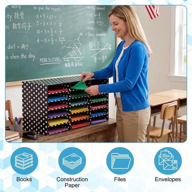 Alt view image 6 of 7 - 1 Pc Classroom Construction Paper Storage,White Polka Dots 18 Slot Compartments Desktop Scrapbook Organizer for Letter/A4 File Sorter, 14.2" H x 28.1" W x 12.4" D for School Office