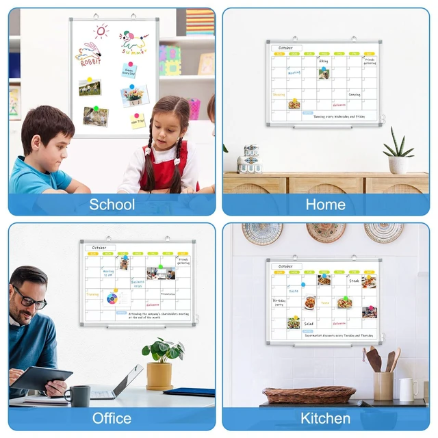 Alt view image 5 of 6 - Dry Erase Calendar Whiteboard for Wall, 36" x 24" Monthly White Board Double-Sided Magnetic, Silver Aluminum Frame, Hang Wall Mount, Portable Board for Home, Office, School