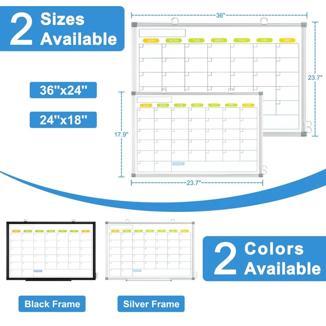 Alt view image 6 of 6 - Dry Erase Calendar Whiteboard for Wall, 36" x 24" Monthly White Board Double-Sided Magnetic, Silver Aluminum Frame, Hang Wall Mount, Portable Board for Home, Office, School
