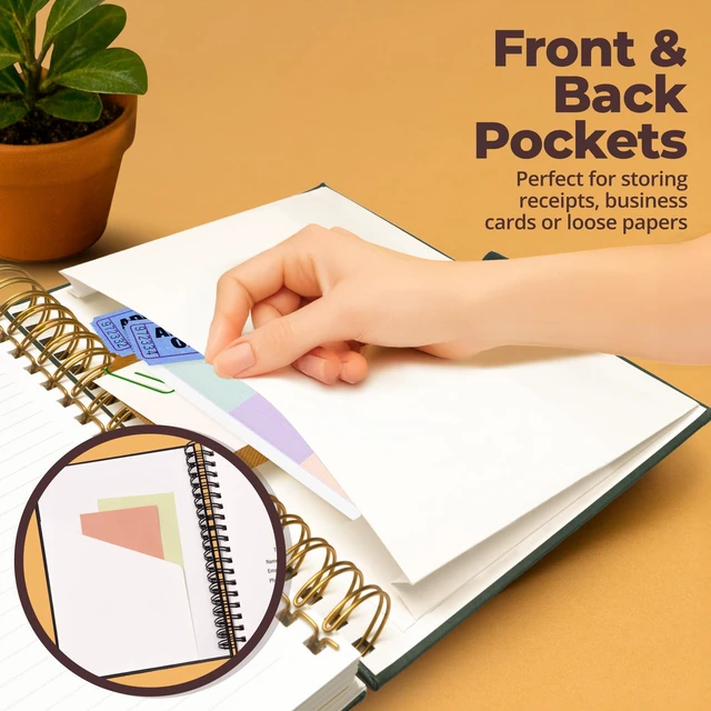 Alt view image 6 of 7 - Hardcover Lined Spiral Notebook with Removable Dividers Leather Bound Green 8x10" 300 Pages College Ruled 5 Subject Notebook for Work - with Tabs, Pockets, and Pen Loop for Note Taking, Large Journal