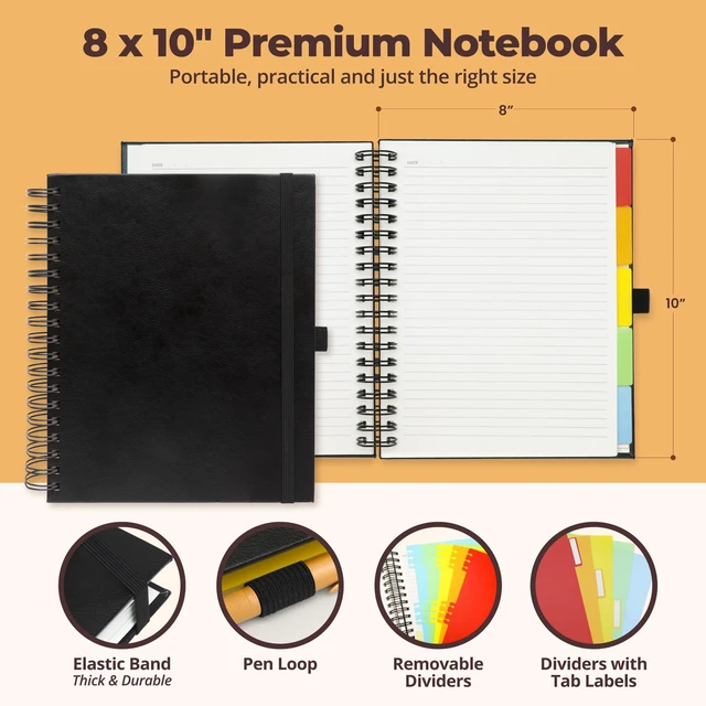 Alt view image 3 of 7 - Hardcover Lined Spiral Notebook with Removable Dividers Leather Bound Black 8x10" 300 Pages College Ruled 5 Subject Notebook for Work - with Tabs, Pockets, and Pen Loop for Note Taking, Large Journal