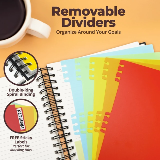 Alt view image 4 of 7 - Hardcover Lined Spiral Notebook with Removable Dividers Leather Bound Black 8x10" 300 Pages College Ruled 5 Subject Notebook for Work - with Tabs, Pockets, and Pen Loop for Note Taking, Large Journal