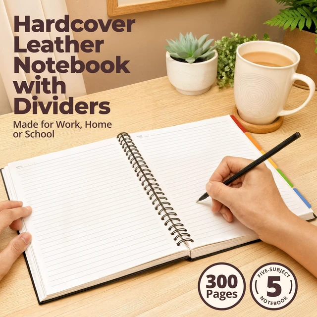 Alt view image 2 of 7 - Hardcover Lined Spiral Notebook with Removable Dividers Leather Bound Black 8x10" 300 Pages College Ruled 5 Subject Notebook for Work - with Tabs, Pockets, and Pen Loop for Note Taking, Large Journal