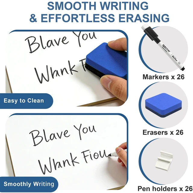 Alt view image 5 of 6 - Dry Erase Boards, 26 Pack 9"x12" Double Sided Portable Handheld Small Whiteboards, for Children, Students, Teachers and Schools, Including 26 Markers, 26 Erasers, 26 Pen Holders