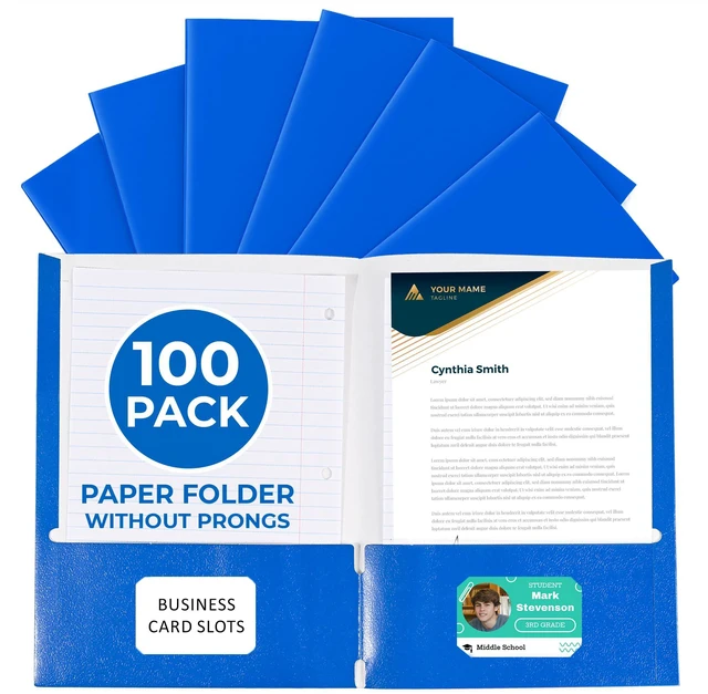 Main image of 100 Pack Blue 2 Pocket Paper Folders. Heavy Duty, Bulk Folders with Pockets and Business Card Slots. Colored Letter Size Document Organizers. Durable Portfolio for School, College, Office Files