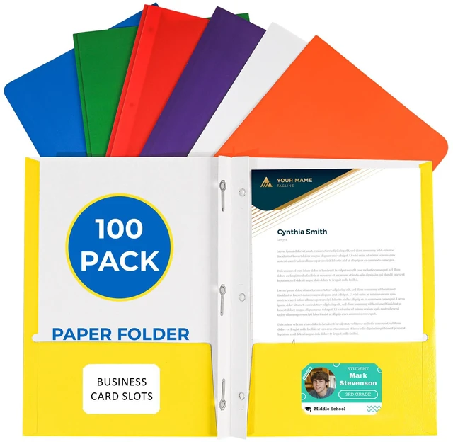 Main image of 100 Pack Assorted Colors 2 Pocket Paper Folders. Heavy Duty, Bulk Folders with Pockets, Prongs and Business Card Slots. Letter Size Document Organizers. Durable Portfolio for School, Office Files