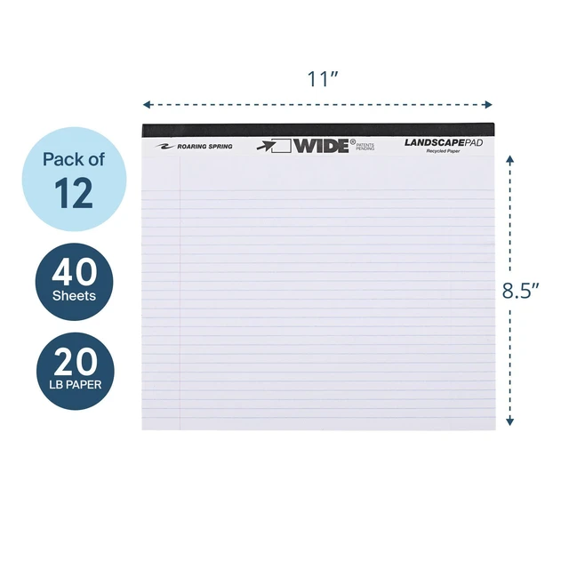 Alt view image 3 of 6 - Wide Landscape Legal Pad, White, 12 Pads, 11" x 9.5", College-Ruled with Margin, 20 lb Recycled Paper, 40 Perforated Sheets, Made in USA 0070972745209