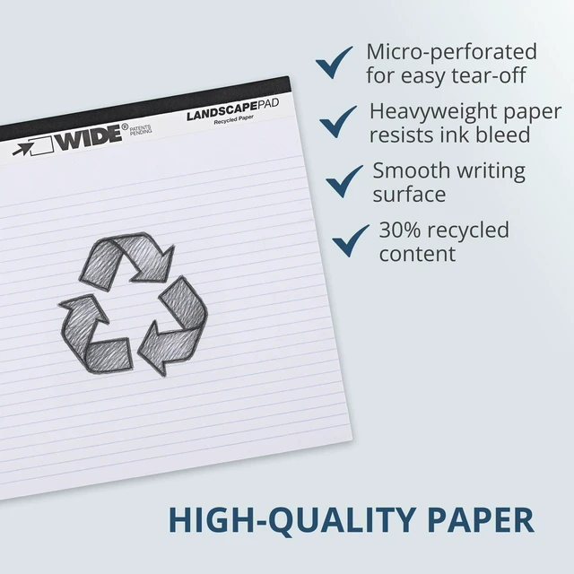 Alt view image 4 of 6 - Wide Landscape Legal Pad, White, 12 Pads, 11" x 9.5", College-Ruled with Margin, 20 lb Recycled Paper, 40 Perforated Sheets, Made in USA 0070972745209
