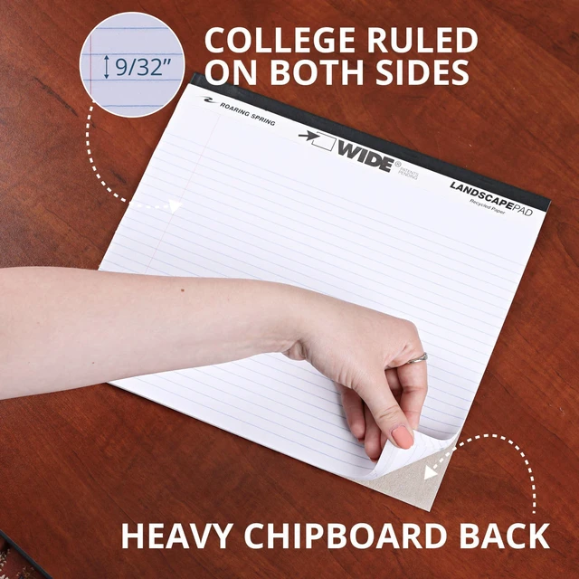 Alt view image 5 of 6 - Wide Landscape Legal Pad, White, 12 Pads, 11" x 9.5", College-Ruled with Margin, 20 lb Recycled Paper, 40 Perforated Sheets, Made in USA 0070972745209
