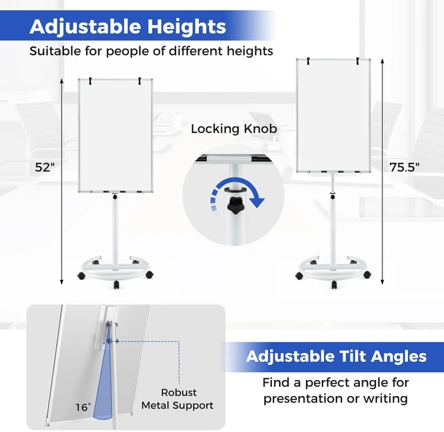 Alt view image 2 of 7 - 40 x 26 Rolling Whiteboard, Magnetic Dry Erase Board on Wheels Height Adjustable Mobile White Board with Stand, Paper Clips, Storage Tray, Paper Pad, Magnets, Markers, for Office School