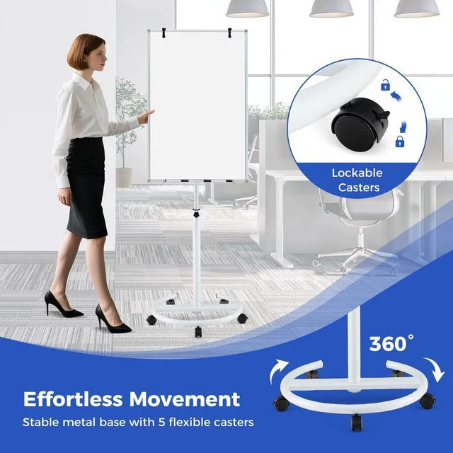 Alt view image 3 of 7 - 40 x 26 Rolling Whiteboard, Magnetic Dry Erase Board on Wheels Height Adjustable Mobile White Board with Stand, Paper Clips, Storage Tray, Paper Pad, Magnets, Markers, for Office School