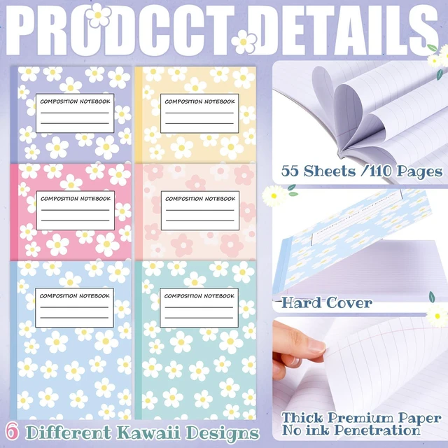 Alt view image 5 of 7 - 6 Pack Composition Notebooks Wide Ruled Bulk Cute Pink Composition Notebook 110 Page 7-1/2" x 9-3/4" Colorful Flower Journal Back to School Gift for Teacher Student Office First Day of School