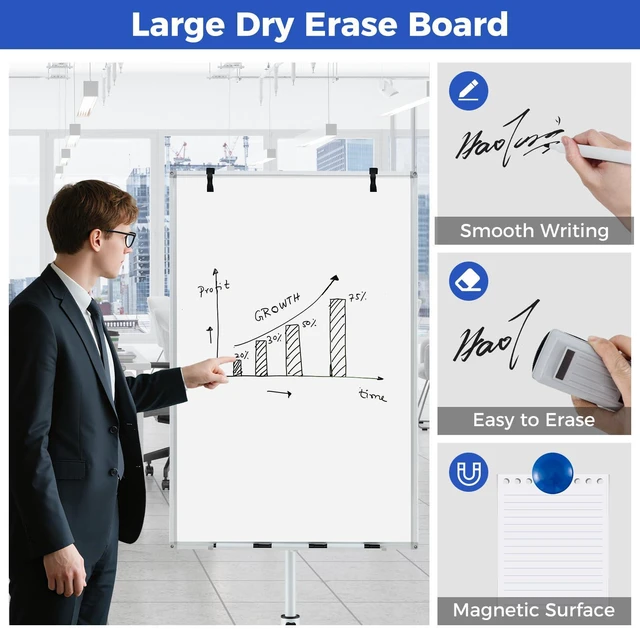 Alt view image 4 of 7 - 40 x 26 Rolling Whiteboard, Magnetic Dry Erase Board on Wheels Height Adjustable Mobile White Board with Stand, Paper Clips, Storage Tray, Paper Pad, Magnets, Markers, for Office School
