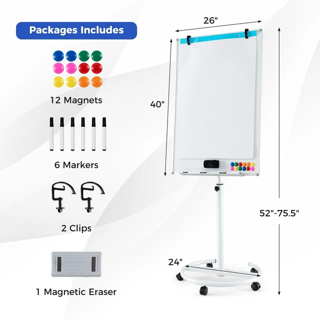 Alt view image 5 of 7 - 40 x 26 Rolling Whiteboard, Magnetic Dry Erase Board on Wheels Height Adjustable Mobile White Board with Stand, Paper Clips, Storage Tray, Paper Pad, Magnets, Markers, for Office School