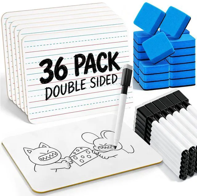 Main image of 36 Pack Small White Board, Double Sided Lined Dry Erase Boards with Lines 9x12 Mini Whiteboard with 36 Markers, 36 Erasers for Handwriting Practice, Teacher & Student Supplies, Classroom Must Have