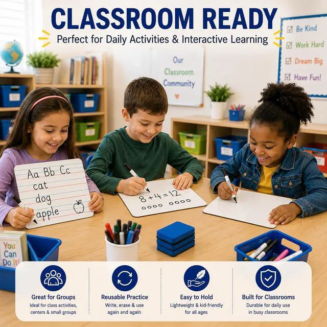 Alt view image 5 of 6 - 36 Pack Small White Board, Double Sided Lined Dry Erase Boards with Lines 9x12 Mini Whiteboard with 36 Markers, 36 Erasers for Handwriting Practice, Teacher & Student Supplies, Classroom Must Have