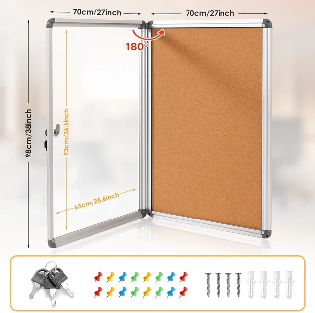 Alt view image 2 of 7 - 38x28 in Enclosed Bulletin Board Cork Display Case, Silver Frame Locking, Tamperproof, Wall-Mounted, Aluminum Frame, with Cover, Display Case for Office School Commerce Community
