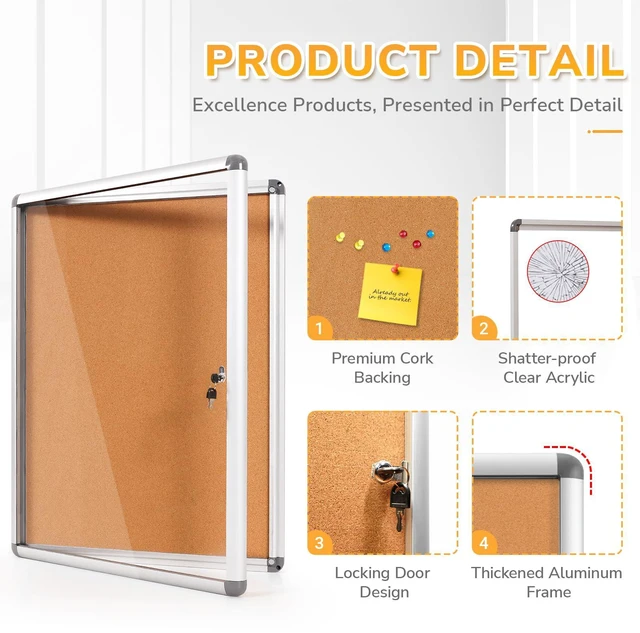 Alt view image 3 of 7 - 38x28 in Enclosed Bulletin Board Cork Display Case, Silver Frame Locking, Tamperproof, Wall-Mounted, Aluminum Frame, with Cover, Display Case for Office School Commerce Community
