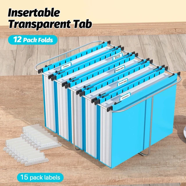 Alt view image 6 of 7 - Plastic Hanging File Folder, Letter Size, 12 Pack, Blue Extra Capacity Hanging Folders, Heavy Duty 2" Expansion, w/ 15 x Tabs, Filing Cabinet Folders for Bulk Files & Medical Charts
