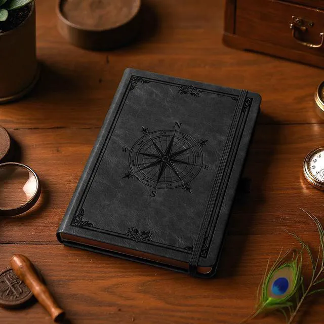 Alt view image 2 of 7 - Thick Lined Notebook, 320 Numbered Pages, A5 (5.75'' X 8.38'') College Ruled Journal, Vintage Leather Hardcover, 100gsm Paper, for Men Women Work Office School (Black)