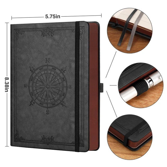 Alt view image 5 of 7 - Thick Lined Notebook, 320 Numbered Pages, A5 (5.75'' X 8.38'') College Ruled Journal, Vintage Leather Hardcover, 100gsm Paper, for Men Women Work Office School (Black)