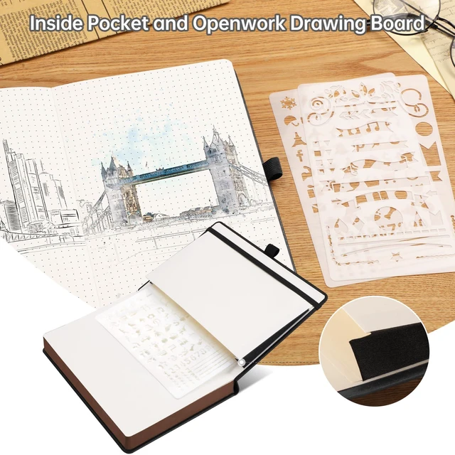 Alt view image 7 of 7 - Thick Dotted Notebook, 320 Numbered Pages, A5 (5.75'' X 8.38'') Journal for Writing, 100gsm Dot Paper, Vintage Leather Hardcover, for Women Work Office School (Black)