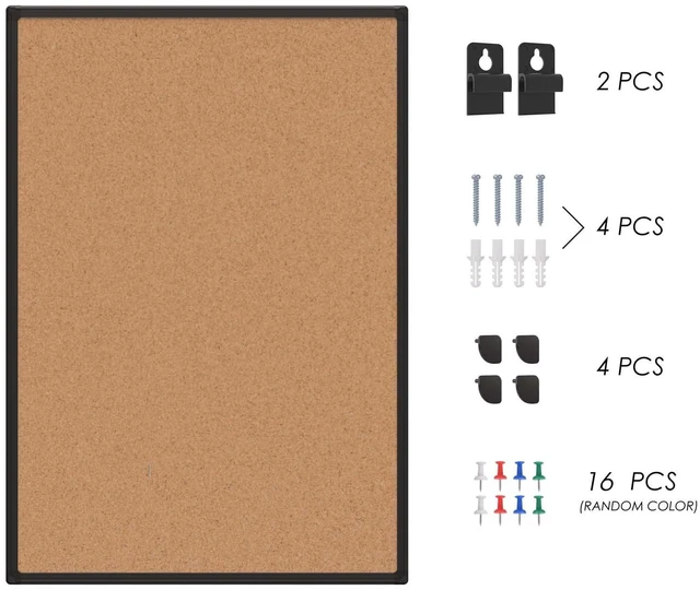 Alt view image 7 of 7 - Cork Board Bulletin Board 20 x 30, Black Wood Framed Corkboard, Office Board for Wall Cork, Large Wall Mounted Notice Pin Board with 16 Push Pins for School, Home & Office