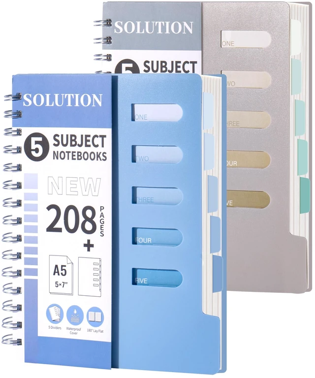 Main image of 5 Subject Spiral Notebook College Ruled with Dividers & Tabs,5x7,2 Pack Blue+Grey,416 Pages, Waterproof Plastic Cover 80GSM Thick Paper,Removal Tabs Spiral Notebooks for School Work