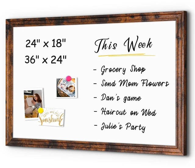 Main image of Dry Erase Board, 36" x 24" Magnetic Whiteboard, Vintage Brown Wood Framed Decorative White Board, Wall-Mounted Notice Board, For School, Office, Home, 8 Magnets 4 Markers 1 Eraser