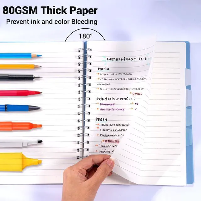 Alt view image 6 of 7 - 5 Subject Spiral Notebook College Ruled with Dividers & Tabs,5x7,2 Pack Blue+Grey,416 Pages, Waterproof Plastic Cover 80GSM Thick Paper,Removal Tabs Spiral Notebooks for School Work