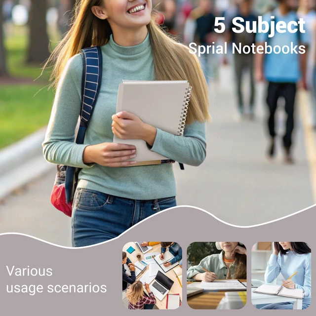 Alt view image 5 of 7 - 5 Subject Spiral Notebook College Ruled with Dividers & Tabs,5x7,2 Pack Blue+Grey,416 Pages, Waterproof Plastic Cover 80GSM Thick Paper,Removal Tabs Spiral Notebooks for School Work