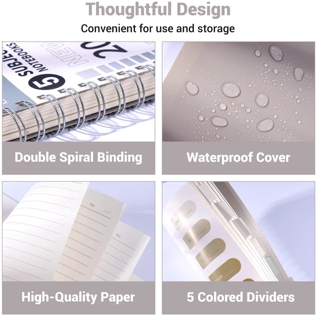 Alt view image 7 of 7 - 5 Subject Spiral Notebook College Ruled with Dividers & Tabs,5x7,2 Pack Blue+Grey,416 Pages, Waterproof Plastic Cover 80GSM Thick Paper,Removal Tabs Spiral Notebooks for School Work