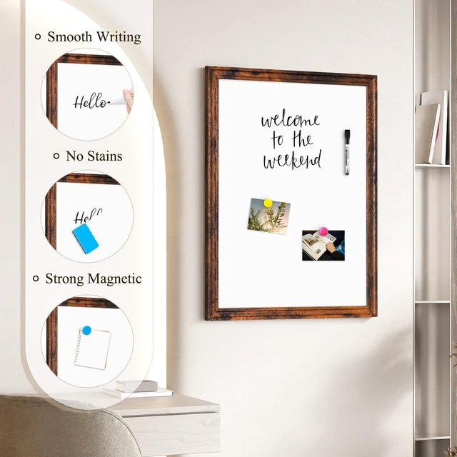 Alt view image 4 of 7 - Dry Erase Board, 36" x 24" Magnetic Whiteboard, Vintage Brown Wood Framed Decorative White Board, Wall-Mounted Notice Board, For School, Office, Home, 8 Magnets 4 Markers 1 Eraser