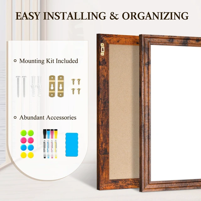 Alt view image 6 of 7 - Dry Erase Board, 36" x 24" Magnetic Whiteboard, Vintage Brown Wood Framed Decorative White Board, Wall-Mounted Notice Board, For School, Office, Home, 8 Magnets 4 Markers 1 Eraser