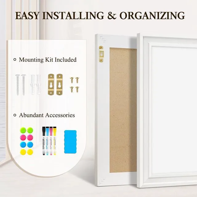 Alt view image 5 of 7 - Dry Erase Board, 24" x 18" Magnetic Whiteboard, White Wood Framed Decorative White Board, Wall-Mounted Notice Board, For School, Office, Home, 8 Magnets 4 Markers 1 Eraser