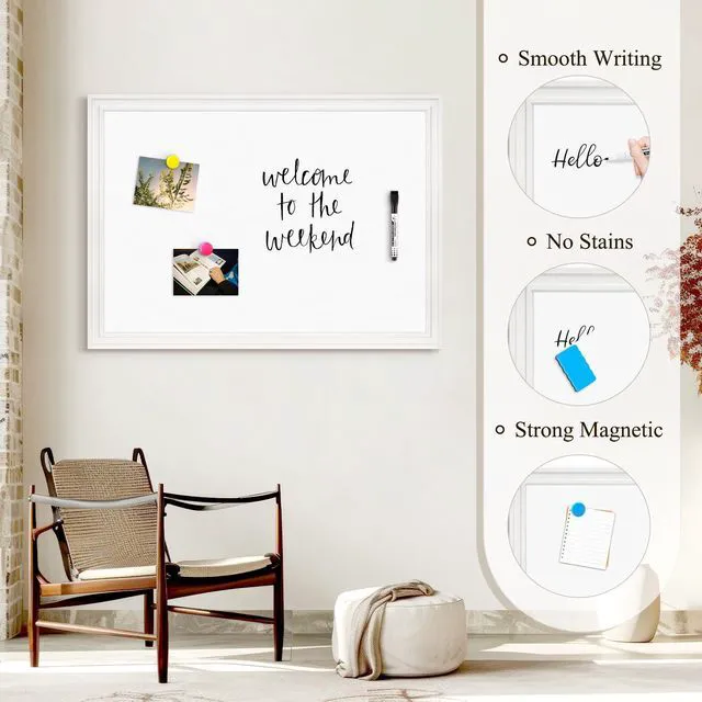 Alt view image 4 of 7 - Dry Erase Board, 24" x 18" Magnetic Whiteboard, White Wood Framed Decorative White Board, Wall-Mounted Notice Board, For School, Office, Home, 8 Magnets 4 Markers 1 Eraser