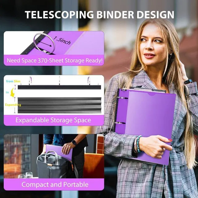Alt view image 2 of 7 - 1.5 Inch Telescoping 3 Ring Binder 6 Pack, Expandable Flexible Binder with Customizable Front Cover & Clear Catalog Pocket, Holds 370 Sheets, Assorted Colors, School Office Supplies