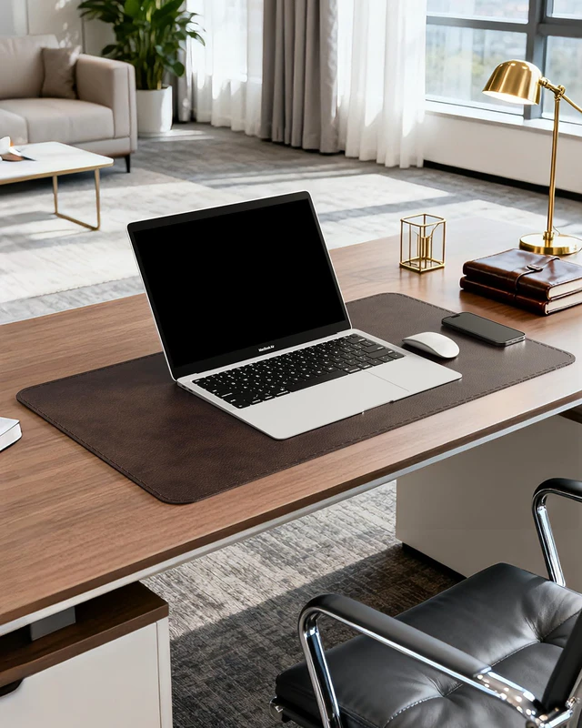 Alt view image 2 of 7 - Genuine Leather Desk Mat, 23.6"x13.8" Office Desk Pad, Thick Desk Pad Mat with Stitched Line, Non-Slip Desk Mat with Rubber Base (Dark Brown, 23.6"x13.8")