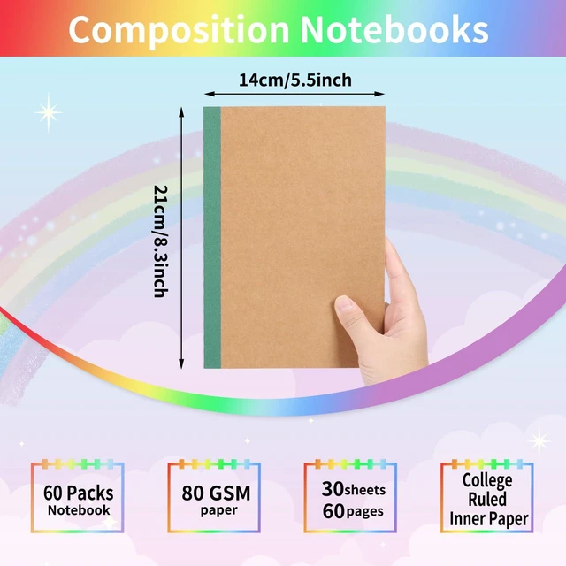 Alt view image 2 of 7 - 60 Pack A5 Kraft Notebooks, Composition Notebooks Lined Journal Bulk, 15 Colors with Rainbow Spines, 60 Pages for Kids Women Girls, School Office Supplies
