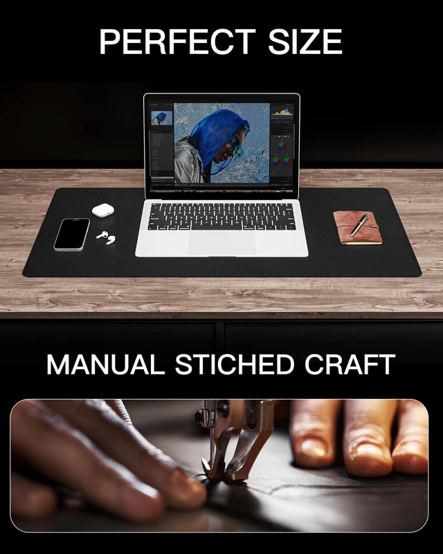 Alt view image 6 of 7 - Genuine Leather Desk Mat, 31.5"x15.8" Leather Desk Mat, Office Desk Pad, Thick Desk Pad with Stitched Line, Non-Slip Laptop Writing Pad with Rubber Base(Black, 31.5"x15.8")