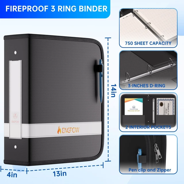 Alt view image 4 of 7 - 3 Ring Binder,Fireproof 3 Inch D Ring Binder with Zipper,Holds 750 Sheets,Non-Stick,PVC-Free,Compatible with Clear Sheet Protectors,Portable School Office Home Safe Storage for Paper,Black
