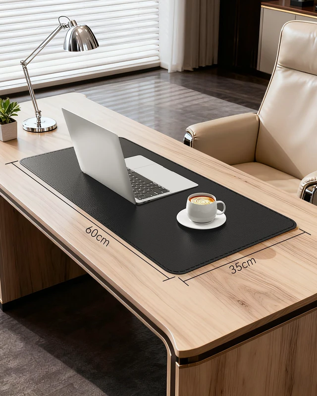 Alt view image 6 of 7 - Genuine Leather Desk Mat, 23.6"x13.8" Office Desk Pad, Thick Desk Pad Mat with Stitched Line, Non-Slip Desk Mat with Rubber Base (Black, 23.6"x13.8")
