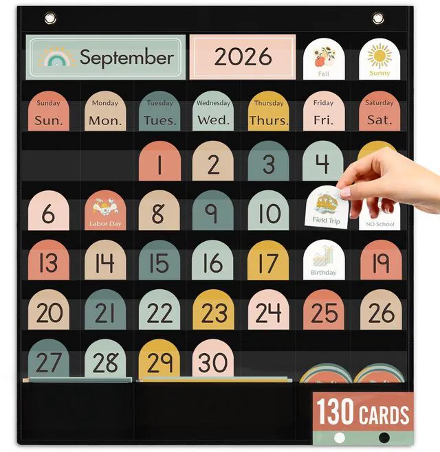 Main image of Classroom Black Calendar Pocket Chart for Elementary with 130 Cards Neutral Boho Style, Teaching Tools Set, Back to School Supplies for Kindergarten Preschool Homeschool, Classroom Wall Decor