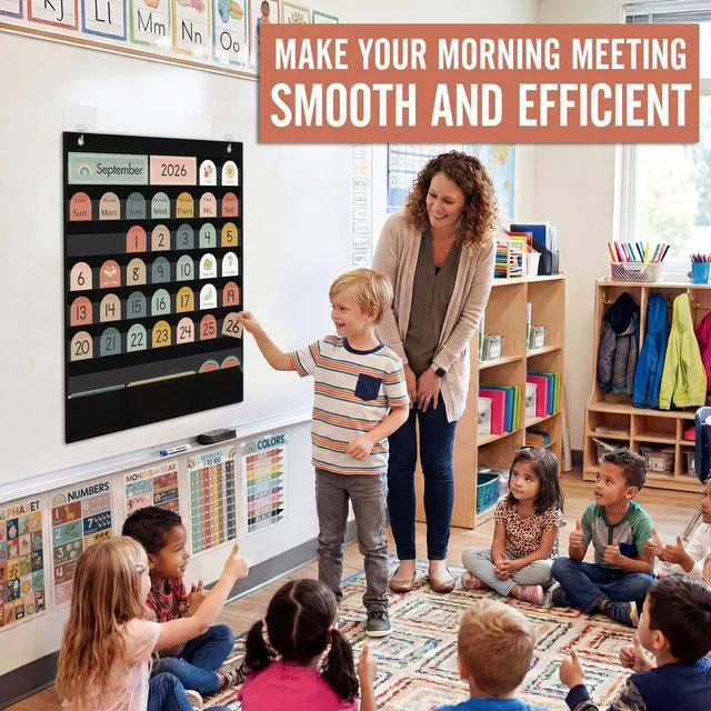 Alt view image 2 of 7 - Classroom Black Calendar Pocket Chart for Elementary with 130 Cards Neutral Boho Style, Teaching Tools Set, Back to School Supplies for Kindergarten Preschool Homeschool, Classroom Wall Decor